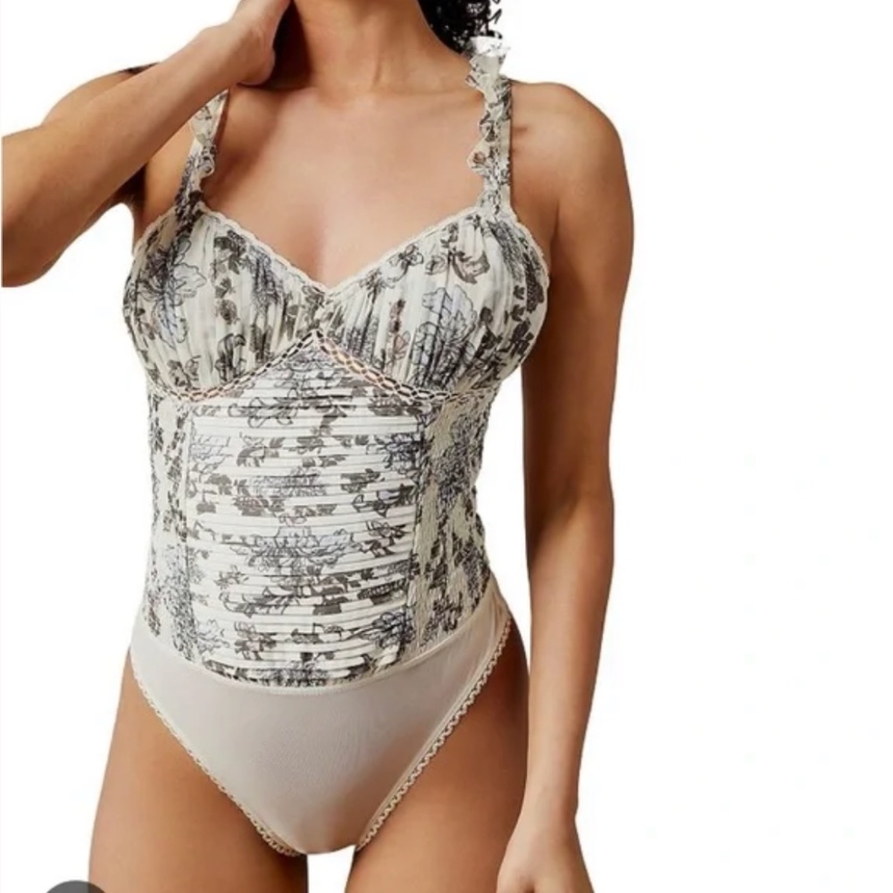 Free People Ivory Floral Lace-Trim Bodysuit